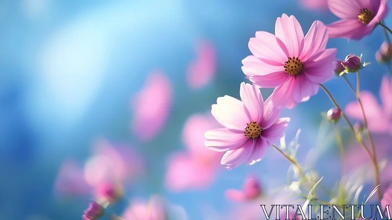 Pink cosmos flowers against blue background with selective depth