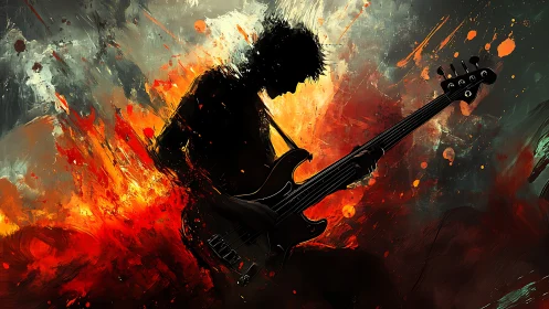 Silhouette bassist ignites abstract inferno color storm.