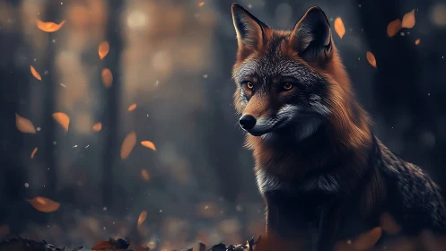 Digital painting of fox in autumnal bokeh forest atmosphere.