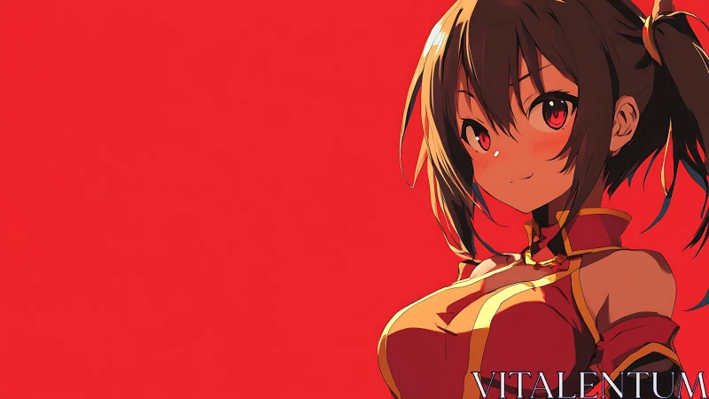 Crimson backdrop crowns confident anime heroine in glow