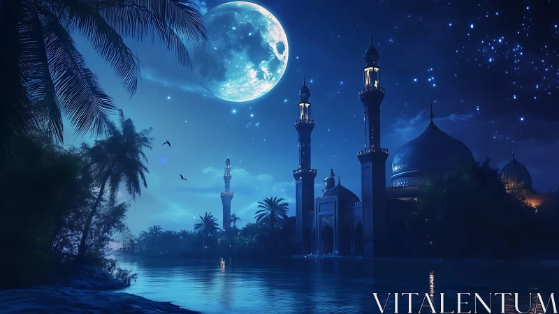 Moonlit riverside mosque under deep sapphire night sky.