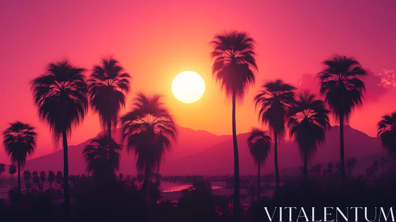 Sunset glows behind palm silhouettes over desert ridge