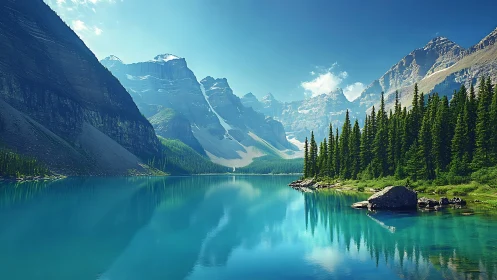 Mountain lake with conifer forest and distant rocky peaks.
