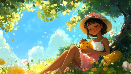 Summer meadow girl under trees holding golden pumpkin.
