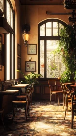 Sunlit vintage caf&eacute; interior with arched windows and plants.