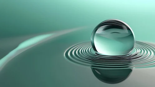 Glass water droplet on teal surface with concentric ripples.