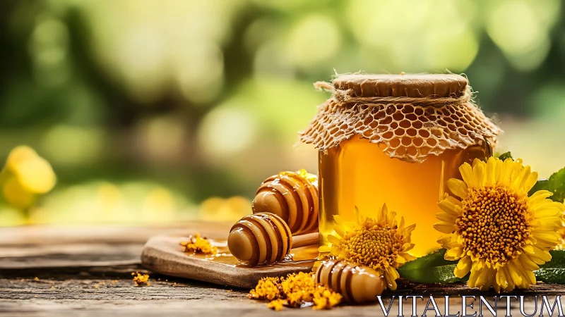 Golden honey jar with sunflowers on rustic wooden table.