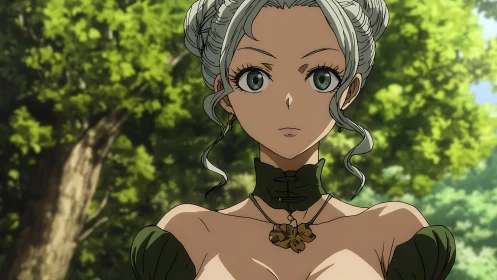 Forest breeze heroine with calm, curious emerald eyes.