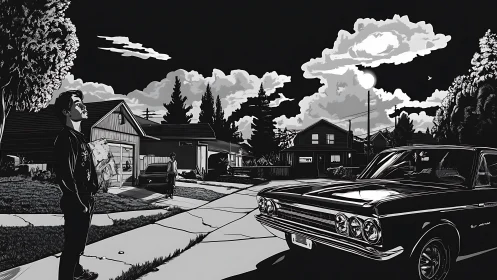 Monochrome suburban street scene with reflective classic car rendering