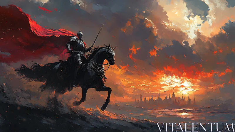 Armored knight rides toward a burning sunset citadel.