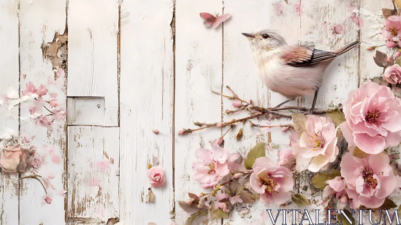 Songbird balances on spring blossoms against rustic wood