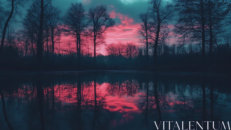 Neon dusk forest mirrored over still reflective lake surface.