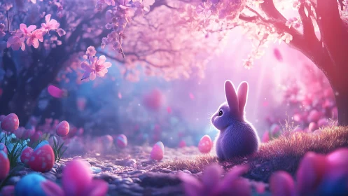 Small rabbit sits among eggs under pink blossom trees