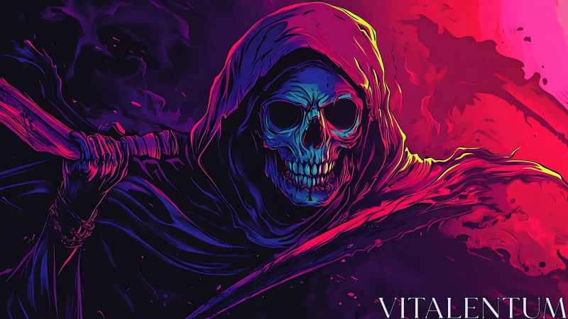 Neon reaper lunges through swirling magenta and cyan flames.