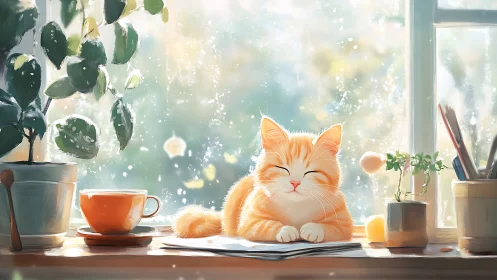 Orange Cat Resting by Sunlit Window with Coffee and Plants