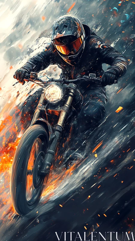Motorcyclist racing through fire and smoke in dynamic motion.