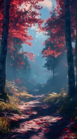Enchanted Forest Path Through Crimson Canopy.