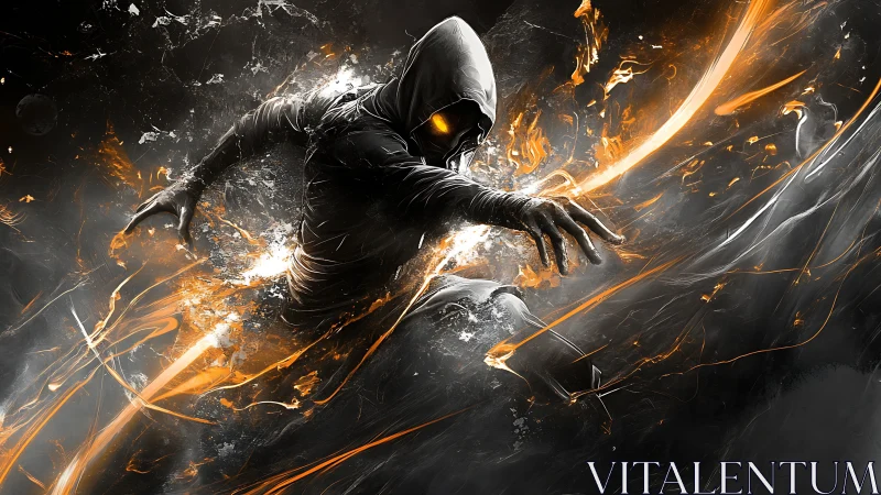 Hooded specter lunges through molten light and shadow storm.