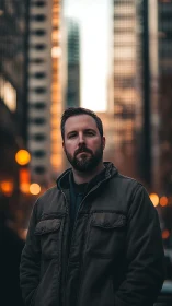 Urban depth-of-field portrait with axial bokeh alignment.