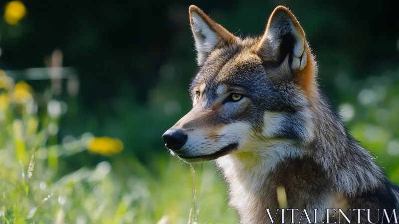Wild wolf portrait in sharp focus against soft meadow.