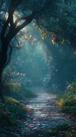 Atmospheric forest pathway rendered with volumetric lighting and dense foliage