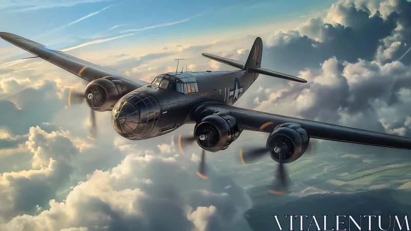 Sunlit vintage bomber glides calmly through glowing cloud tops