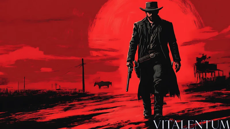 Solitary armed rider walks toward viewer against red sunset