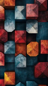 Geometric blocks in layered teal, red and ochre relief.