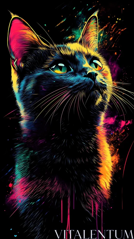 Neon colorized cat portrait on black abstract background.
