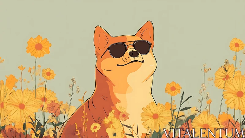 Cool dog with sunglasses among yellow wildflowers.