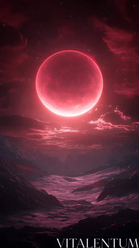 Large red celestial body illuminates layered rocky valley