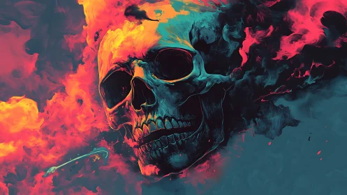Fiery neon skull drifting through swirling dreamlike smoke.