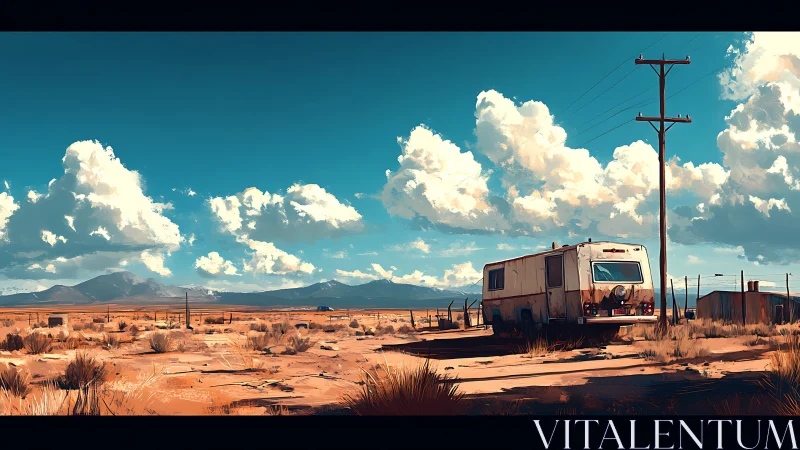 Rusting RV in cinematic desert plain under cumulus sky.