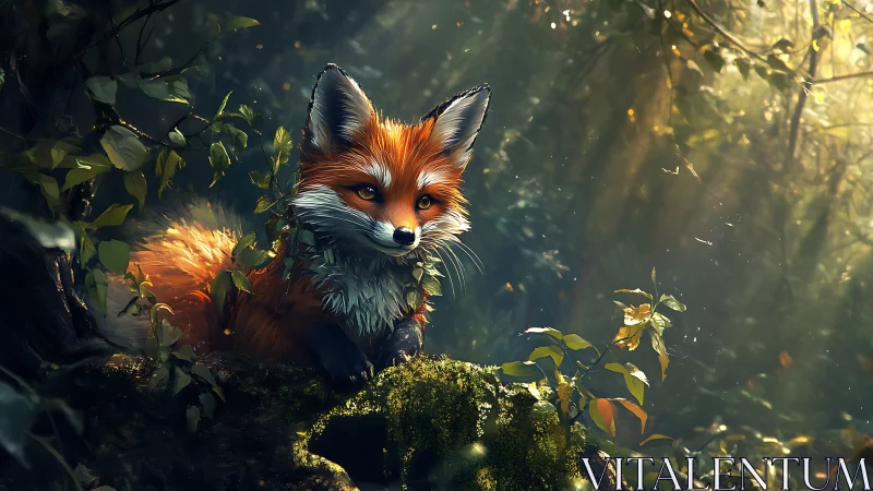 Enchanted forest fox resting in glowing mossy hollow.