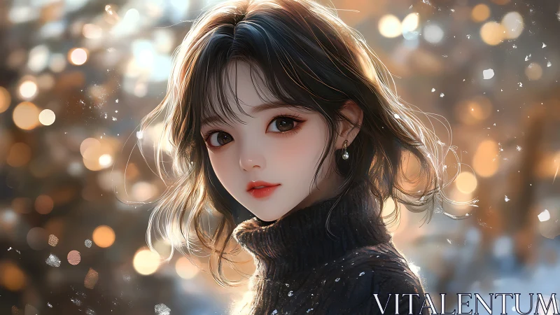 Winter portrait of young woman in bokeh snowlight scene.