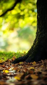 Sunlit tree trunk anchors a carpet of glowing autumn leaves