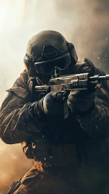 Ballistic-armor operator advancing with carbine in dust bloom.
