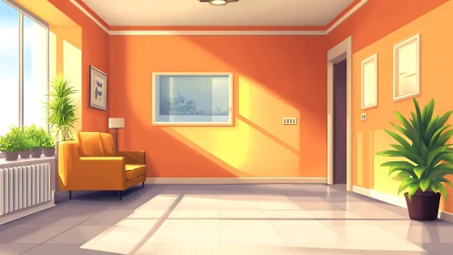 Sunlit modern interior with orange walls and seating area.