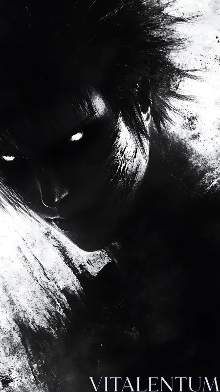 Monochrome spectral portrait with glowing eyes and splatter shadows