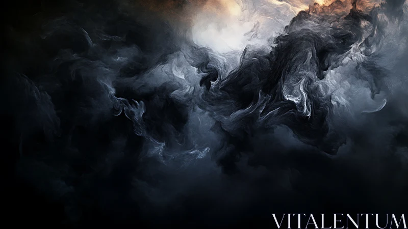 Abstract dark fluid forms occupy a contrasting luminous field