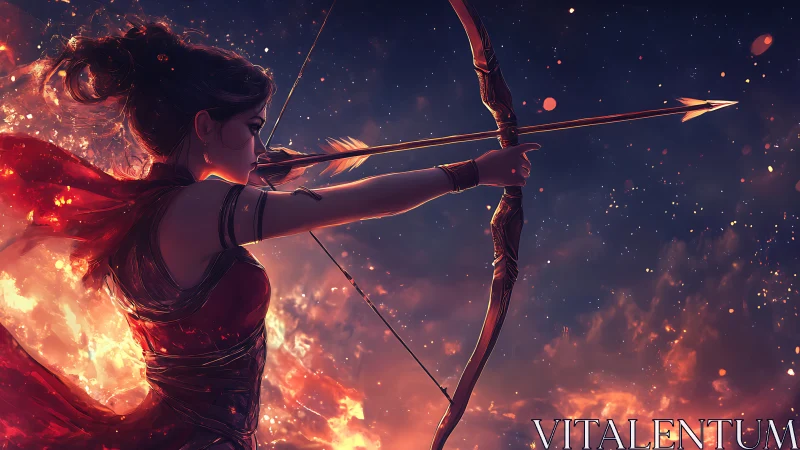 Fiery archer poised in starlit sky with glowing longbow.