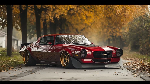 Modified red muscle car parked on quiet autumn road.