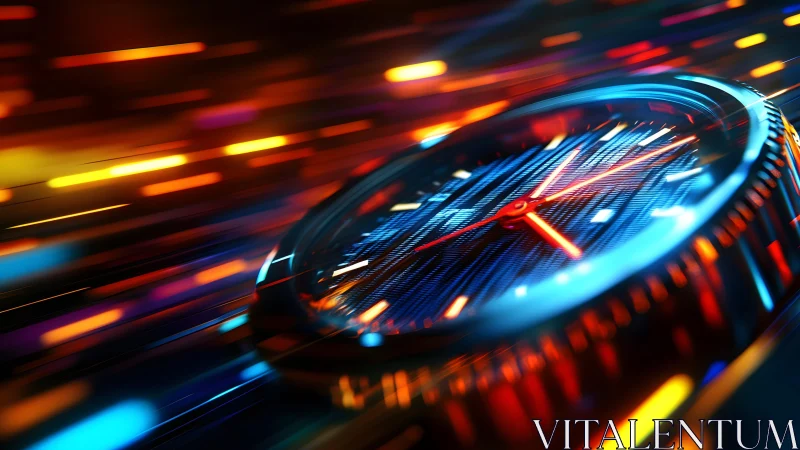 Futuristic Analog Watch in Motion with Neon Light Trails.