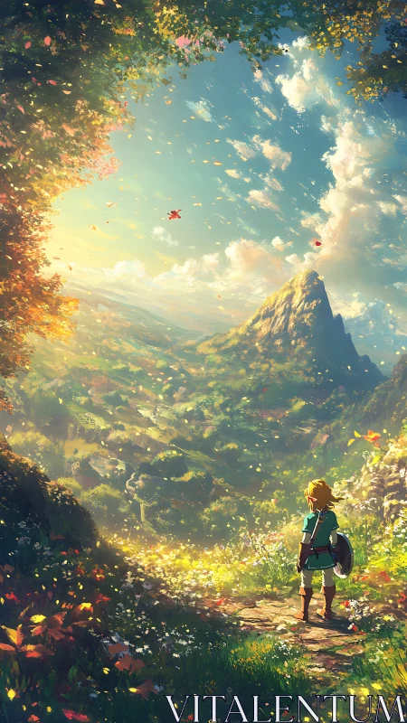 Young adventurer surveys sunlit valley under vast sky.