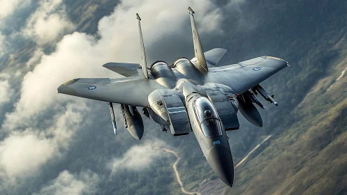 Twin‑engine air superiority fighter jet in low‑altitude tactical climb