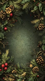 Cozy winter greenery frame with pinecones and red berries.