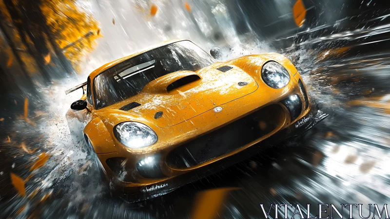 Yellow sports car moving through wet forest road at speed.