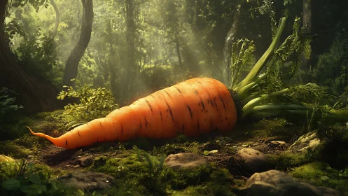 Giant carrot lies on mossy forest floor under soft sunlight