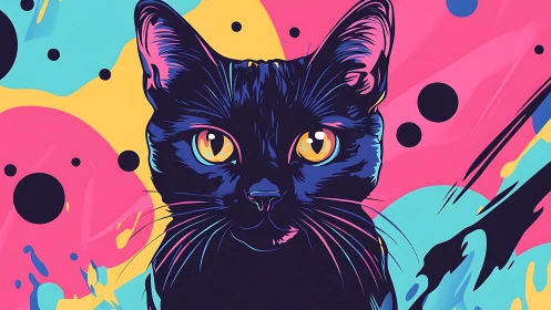 Neon stargazer cat amid pop splashes and candy chaos.