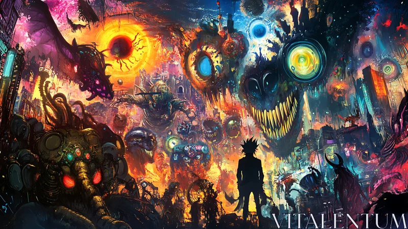 Silhouetted figure observes chaotic cosmic cityscape scene